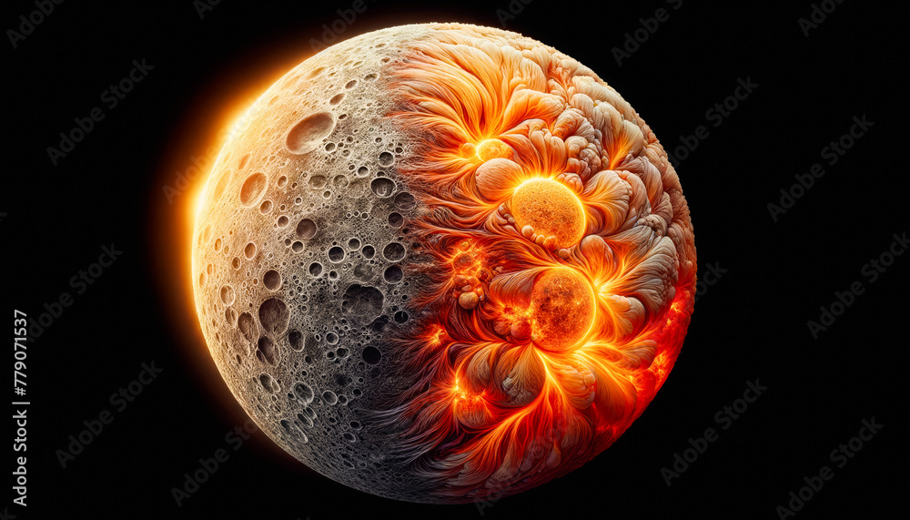 A celestial body presents a dichotomy with a cratered lunar surface on one side and vibrant, fiery textures resembling solar flares on the other, set against a dark backdrop. - obrazy, fototapety, plakaty 