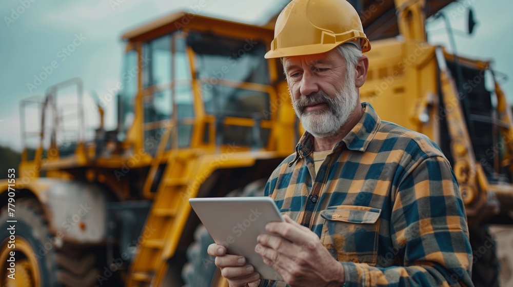 Construction Supervisor Overseeing Work with Tablet