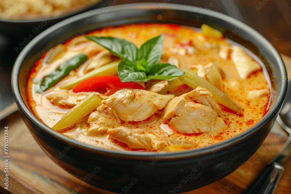 Detailed photograph of a Thai Red Curry, creamy and spicy with chicken and bamboo shoots, traditional recipe, stock photo ,hyper realistic, low noise, low texture