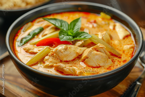 Detailed photograph of a Thai Red Curry, creamy and spicy with chicken and bamboo shoots, traditional recipe, stock photo ,hyper realistic, low noise, low texture