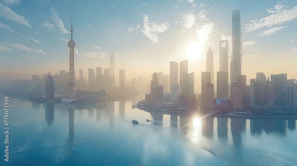 Downtown futuristic with city skyline. Generative AI.
