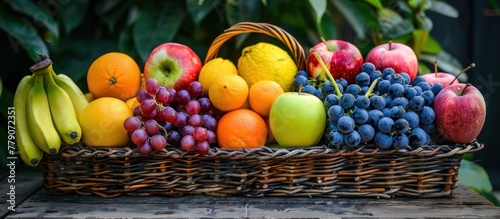 A basket overflowing with a variety of colorful fruits like apples, bananas, oranges, and grapes.