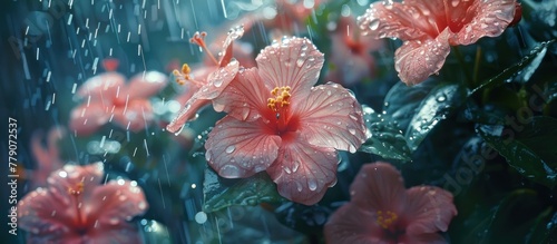 A cluster of pink flowers getting drenched in the rain, water droplets visible on petals and leaves.