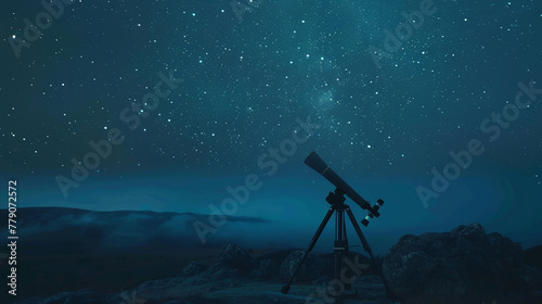 Highquality stock photo of a telescope pointed towards the stars on a clear night, with the galaxy faintly visible in the background ,hyper realistic, low noise, low texture