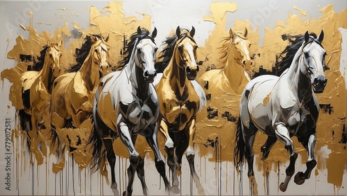 Horses running in a field with a gold background

