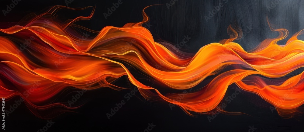 A close-up painting displaying vivid orange and red waves against a black background. A close-up painting displaying vivid orange and red waves against a black background.