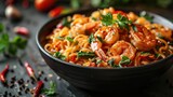 Stir fry noodles with vegetables and shrimps in black bowl. Slate background