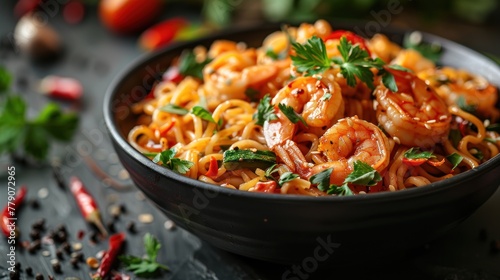 Stir fry noodles with vegetables and shrimps in black bowl. Slate background