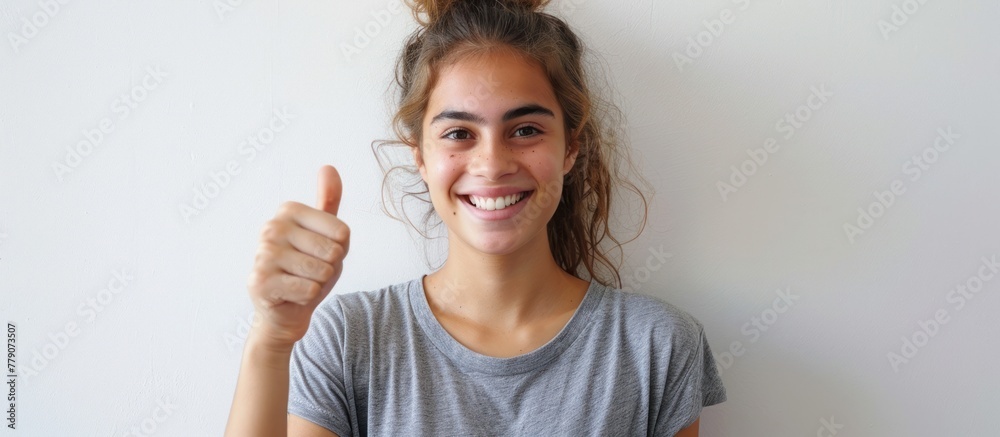 A young woman in a grey t-shirt smiles and gives a thumbs up gesture. A young woman in a grey t-shirt smiles and gives a thumbs up gesture.