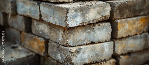 Close-up view of a stack of cement bricks arranged next to each other on a flat surface.