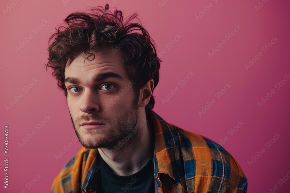 Fototapeta premium Isolated Studio Portrait of a Curious Man with Checkered Shirt. Generative AI.