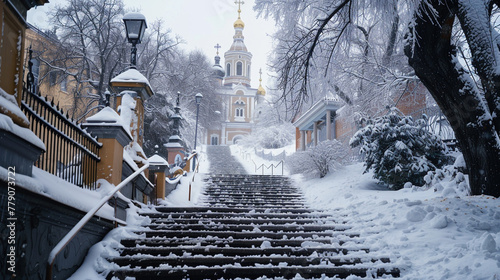 The city center's old church's snow-covered stairway.