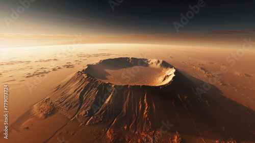 Stock image of a panoramic view from the top of Mars Olympus Mons, the tallest volcano in the solar system, revealing the vast Martian landscape ,hyper realistic, low noise, low texture