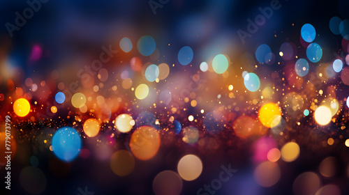 Abstract blur of festivity an image of a joyful and bokeh filled night light background Abstract bokeh background. Gold bokeh on defocused dark blue background photo
