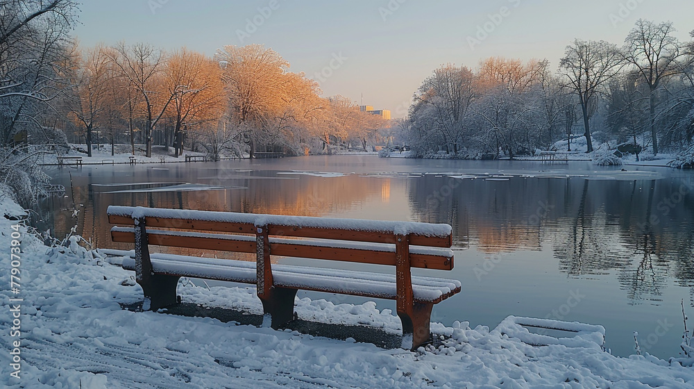 Snow-covered benches overlooking a frozen lake in the city park.