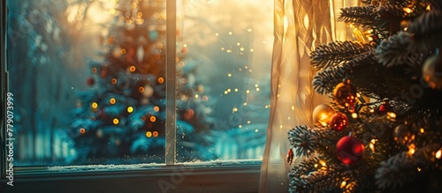 A Christmas tree adorned with ornaments and lights stands in front of a window with sheer curtains, showcasing a festive holiday scene. © FryArt Studio