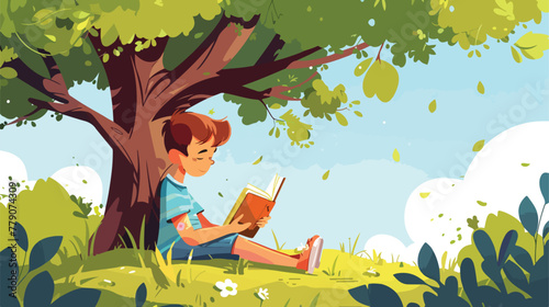 Young boy reading book under the trees vector illus