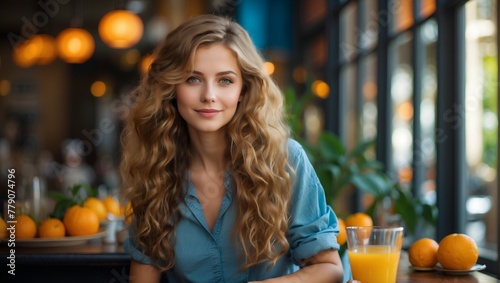 A young girl, long hair, with a glass of orange juice sits in a cafe