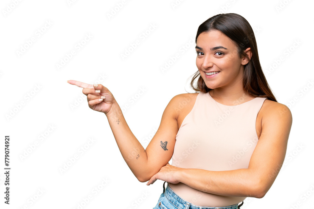 Young caucasian woman isolated on green chroma background pointing finger to the side Young caucasian woman isolated on green chroma background pointing finger to the side