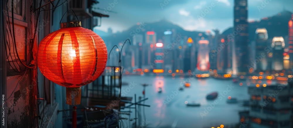 A red lantern is hanging from the side of a building, adding a pop of color to the urban landscape. A red lantern is hanging from the side of a building, adding a pop of color to the urban landscape.