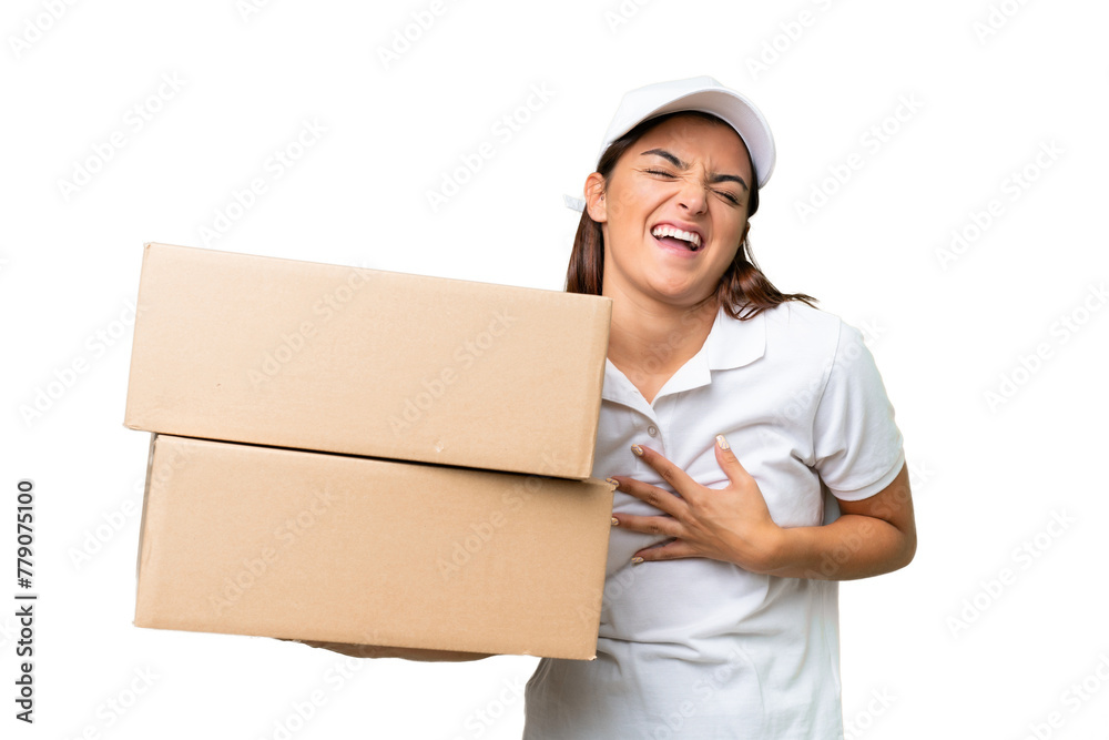 Delivery caucasian woman holding boxes isolated on green chroma background smiling a lot Delivery caucasian woman holding boxes isolated on green chroma background smiling a lot