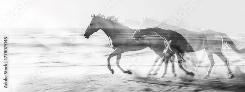 Monochrome, double exposure of wild horses in a captivating blur of motion, galloping freely along a pristine beach.