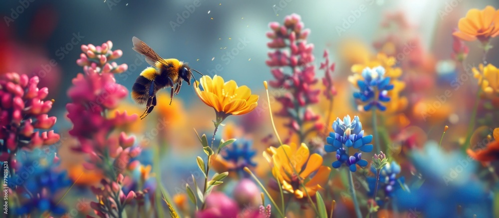 A bumblebee flying over a vibrant field of colorful flowers, collecting nectar and pollinating the blossoms.