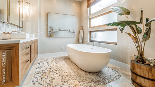 A stylish bathroom including a black vanity, a freestanding bathtub, and mosaic tile floors.