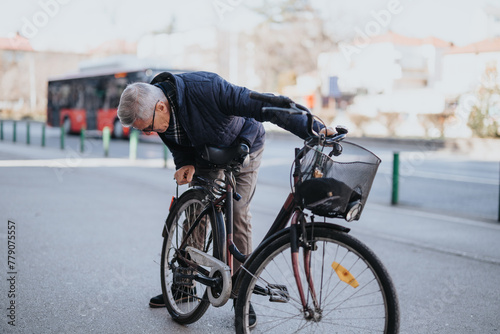 An elderly man is securing his bicycle with a lock outdoors, showcasing active senior lifestyle and urban commuting. © qunica.com