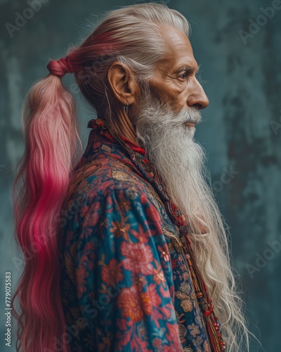 a old man in tattoed dress, two side ponytails photo