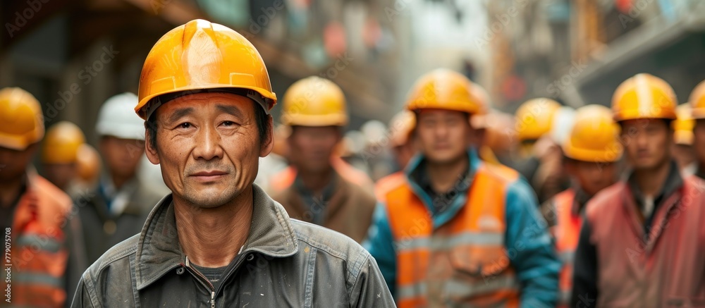 A man in a hard hat stands before a group of diverse construction workers in a construction site. A man in a hard hat stands before a group of diverse construction workers in a construction site.