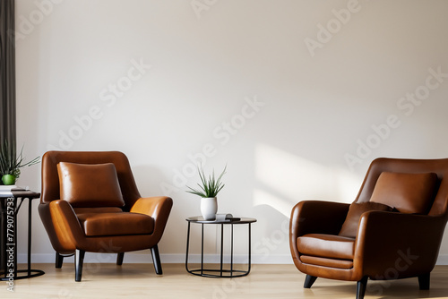 Living room. Living room with leather armchair on empty wall background. Interior of modern living room with black leather armchair and lamp. Modern living room with sofa and coffee table. © Fernando Astasio