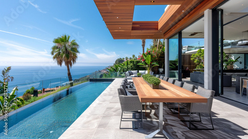 A modern residence with breathtaking views of the ocean from its rooftop terrace.