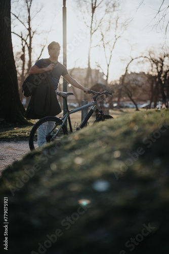 A contemplative man stands with his bicycle amongst the trees in a sunlit park, depicting a tranquil urban escape.