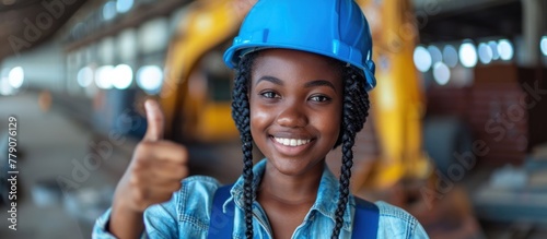A woman of African descent wearing casual clothes and a blue hard hat  smiling and giving a thumbs up gesture.