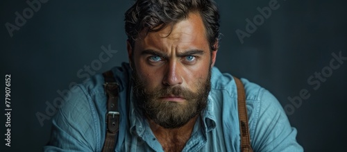 A man with a beard wearing a blue shirt is looking directly at the camera.