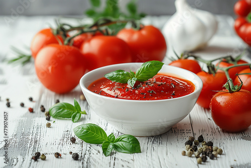 ketchup in bowl with fresh tomatoes and spices on white wooden background