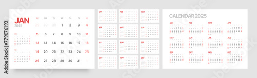 Monthly calendar template for 2025 year. Wall calendar in a minimalist style. Week Starts on Sunday. 