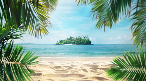 Tropical beach with palm trees and island on background