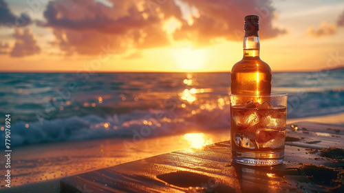 In the background, a beach sea and sunset are seen behind a bottle of Whisky and a glass of whiskey. Generative AI.