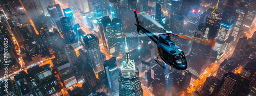 high-angle shot of a helicopter exploring the sprawling city landscape from above. photo