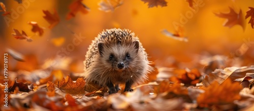A hedgehog is ambling through a field covered in fallen leaves.