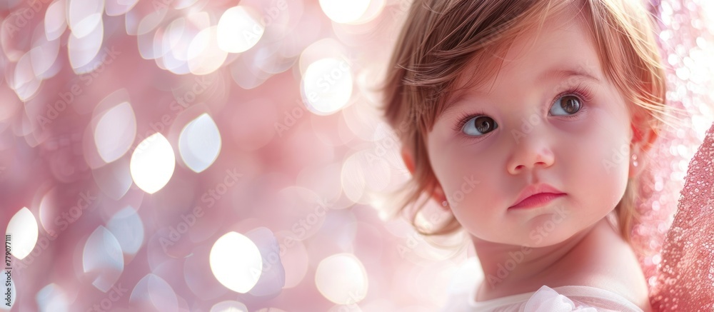 An adorable baby girl in angel wings stands in front of a pink background. An adorable baby girl in angel wings stands in front of a pink background.