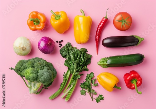 Colorful pattern made of various fresh vegetables on pink pastel background.	