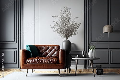 Living room. Living room with leather armchair on empty wall background. Interior of modern living room with black leather armchair and lamp. Modern living room with sofa and coffee table.