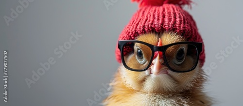 A small chicken standing proudly wearing glasses and a knitted hat, showcasing a trendy and unique look.