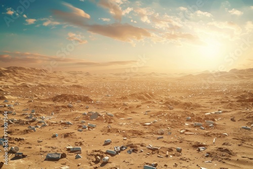 An expansive desert, with dunes partly composed of non-biodegradable waste, under the harsh light of a setting sun, 3D illustration