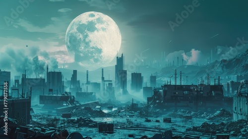 Mountains of electronic waste on the outskirts of a futuristic metropolis, under the cold light of a full moon, 3D illustration photo