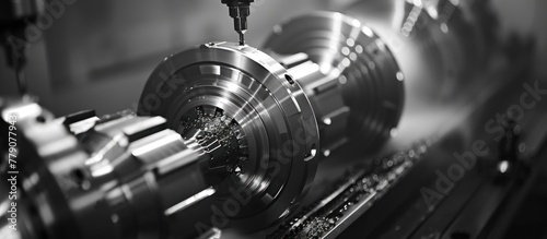 Close-up view of a machine cutting a piece of metal with precision and accuracy. The machines sharp tools are seen slicing through the metal with intricate detail.