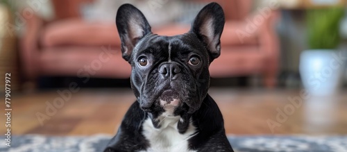 A black and white French Bulldog with a distinct mask sitting calmly on top of a rug indoors. © FryArt Studio